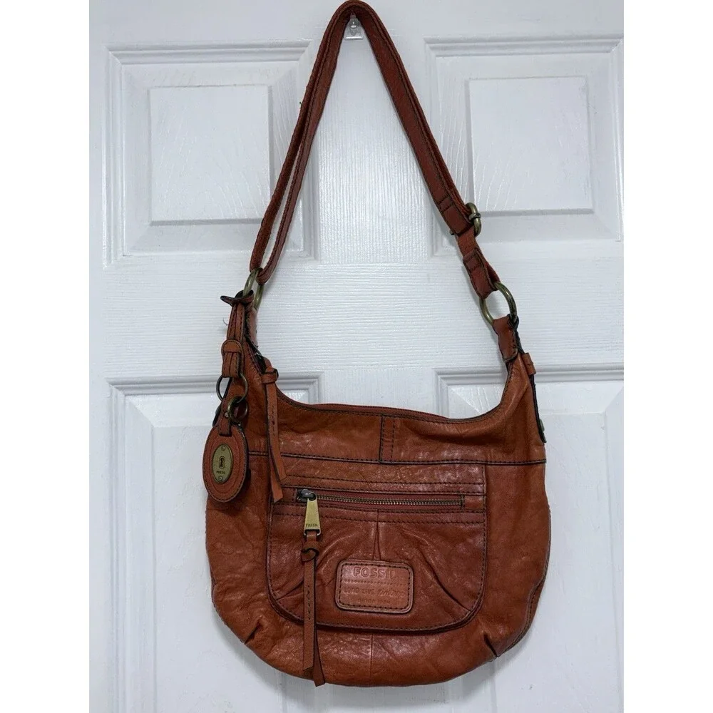 Authentic Vintage Fossil Long Live Vintage Orange Leather Hobo Bag ZB4407